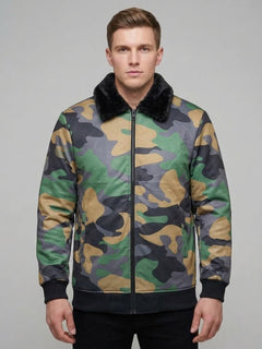 Men's Military Green Camouflage Upper Jacket with Black Fur Collar - Winter Collection