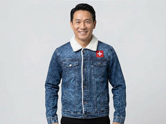 Men's Dark Wash Swiss Patch Sharpa-Lined Denim Jacket
